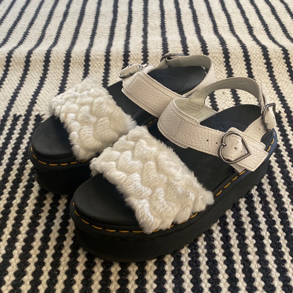 Dr. Martens Voss White Quad Fluffy Faux Heart Sandals